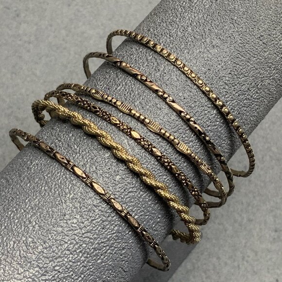 Thin Bangle Bracelet Lot Of 6 Antiqued Silver Mixed Patterns Retro Boho Vintage - Picture 1 of 3